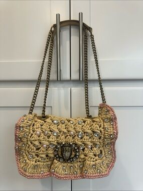 Kurt Geiger Straw Shoulder Bag with Pink Trim and Crystal Details
